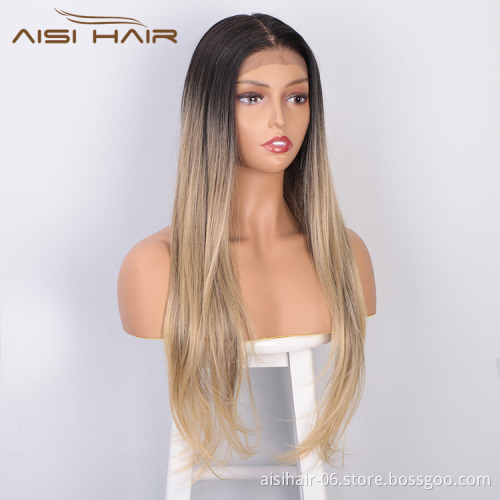 Aisi Hair High Quality 13x6 Long Silky Straight Wig Ombre Blonde Swiss Lace Wig Synthetic Hair Lace Front Wigs For Black Women